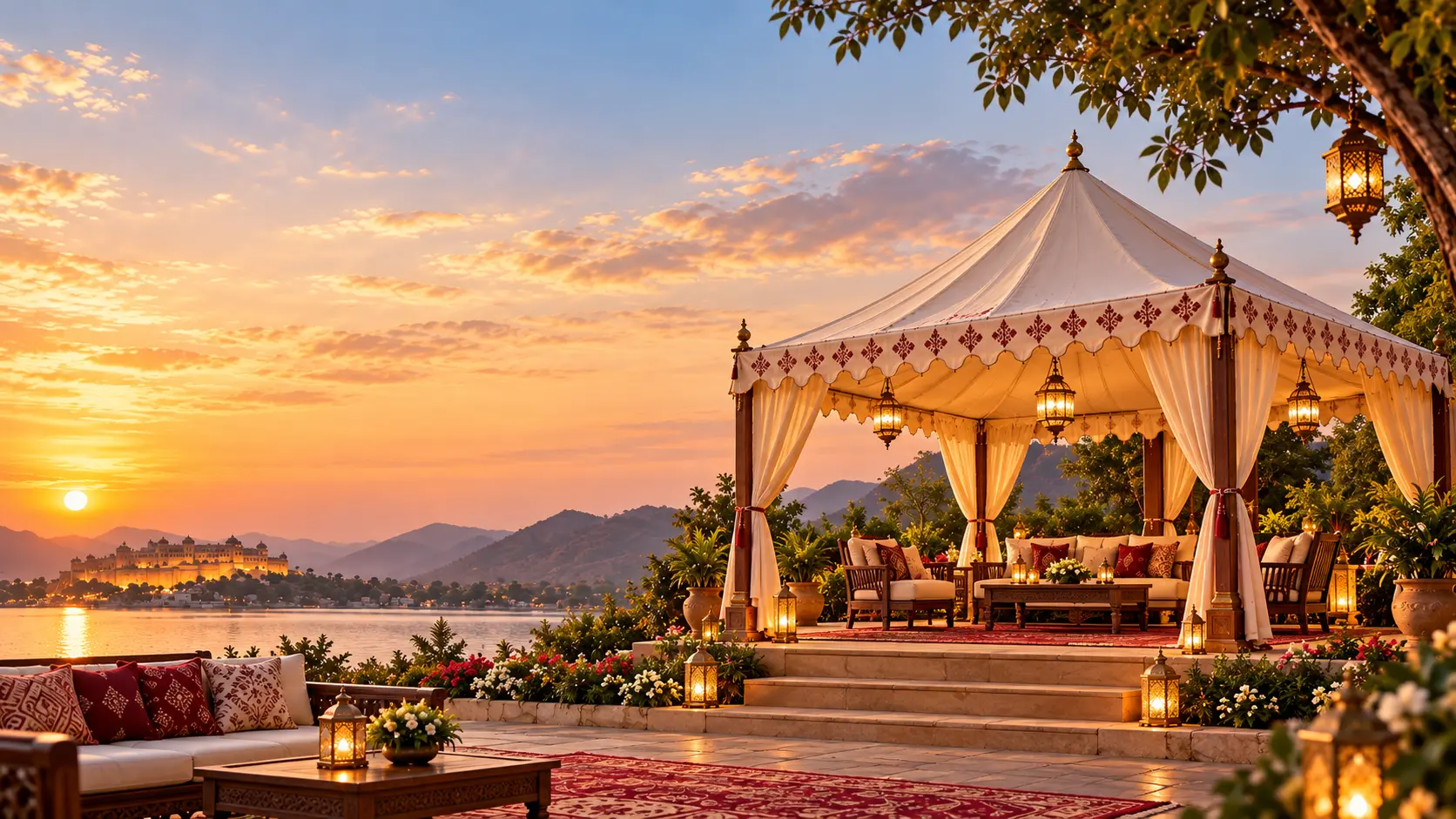 A luxury tent beside a lake at sunset, with a palace on the far shore. Illustrated setting, not a completed Casa Marwad project.