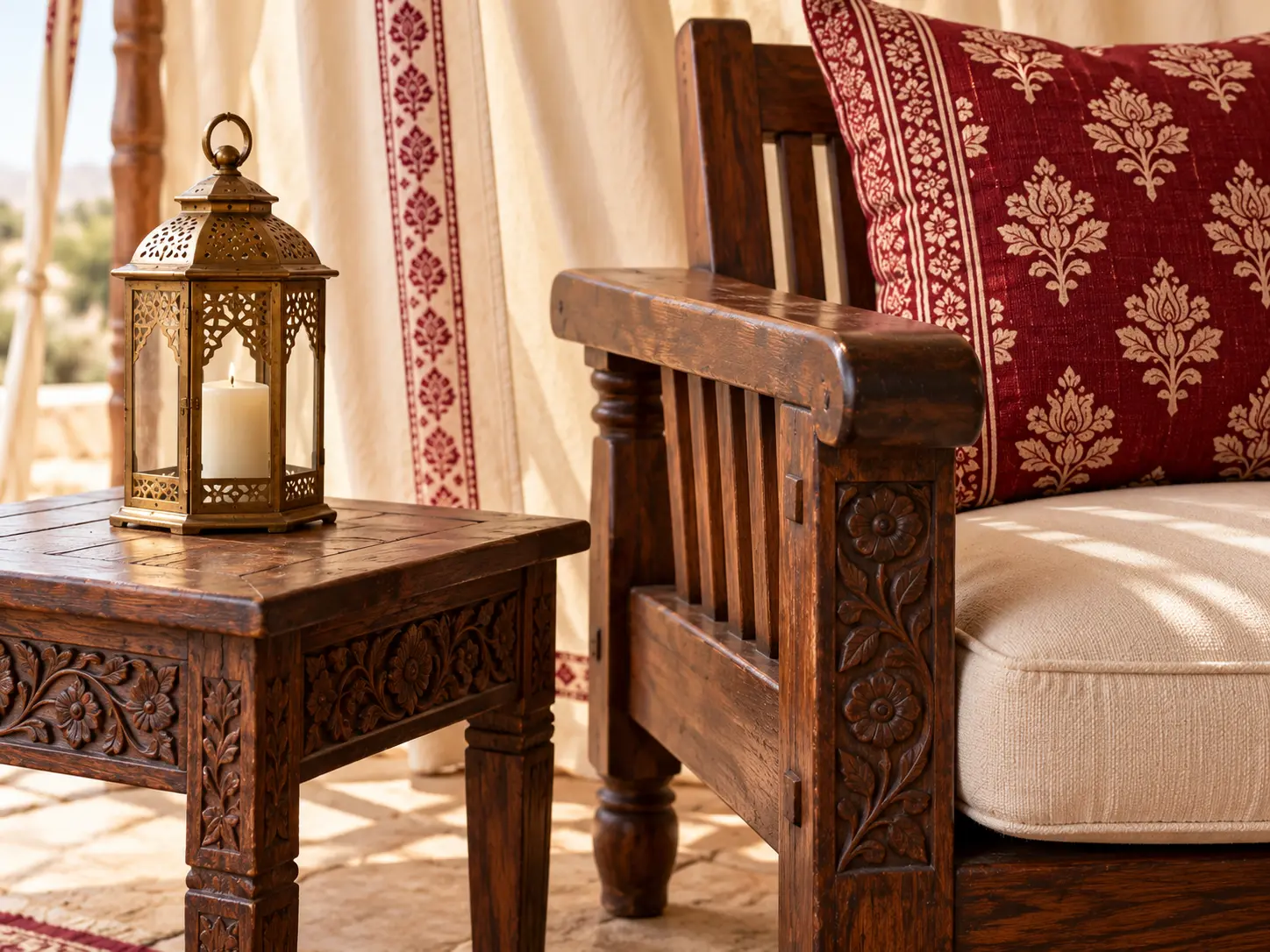 Carved furniture and a brass lantern inside a tent. Illustrated detail, not a completed project.